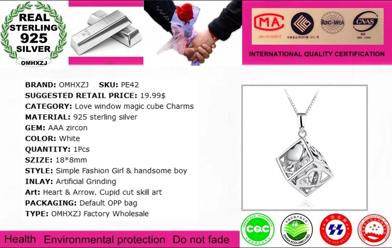 OMHXZJ Wholesale jewelry Square woman man Love Cube kpop fashion 925 sterling silver pendant Charms PE42 ( NO Chain Necklace )