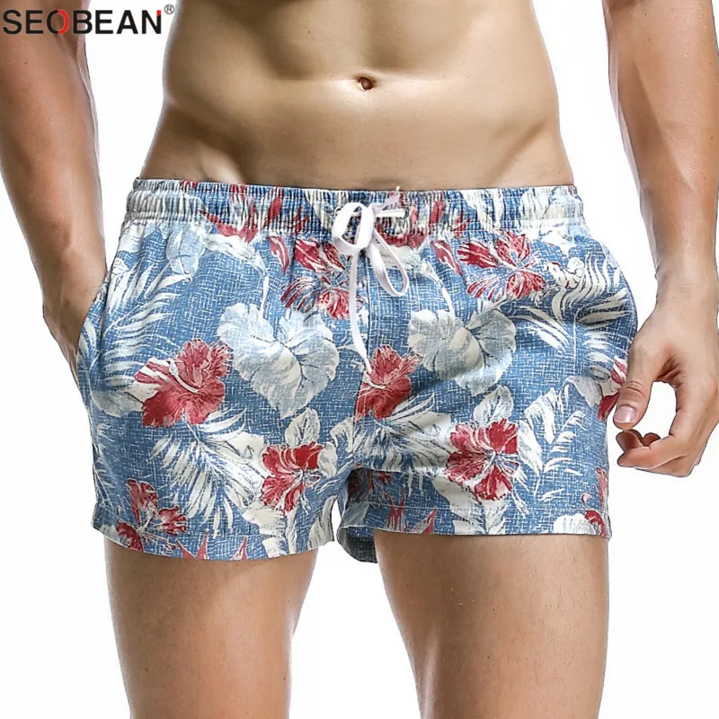 

SEOBEAN Summer Style Seaside Men Beach Shorts Men Quick Dry Polyester Fabrics Beachwear Men's Board Shorts Trunks Print Shorts