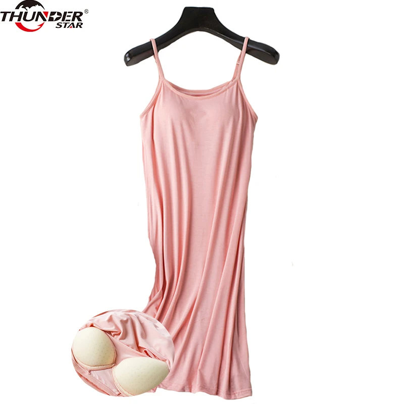 Womens Nightgown Built-in Shelf Bra Chemise Modal Night Dress Sleeveless Solid Lounge Nightdress Female Sleepwear Home Clothes