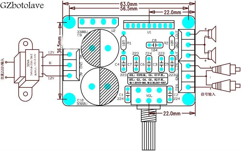 Placa de amplificador de potência tda1521 15w * 2, fonte de alimentação de comutação