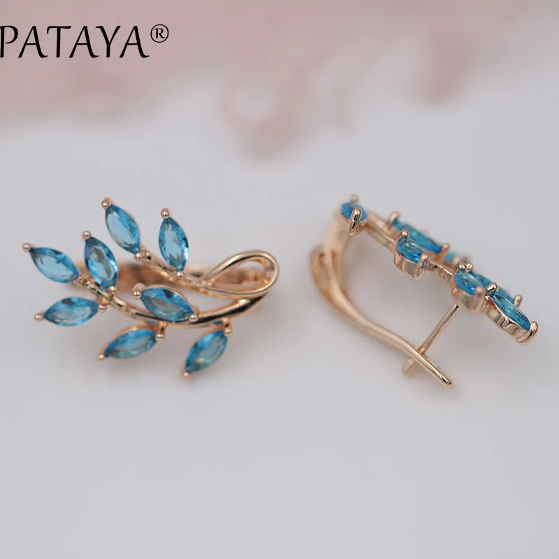 PATAYA Blue Horse Eye Leaves Natural Zircon Earrings 585 Rose Gold Color Dangle Earrings Women Fashion Wedding Jewelry