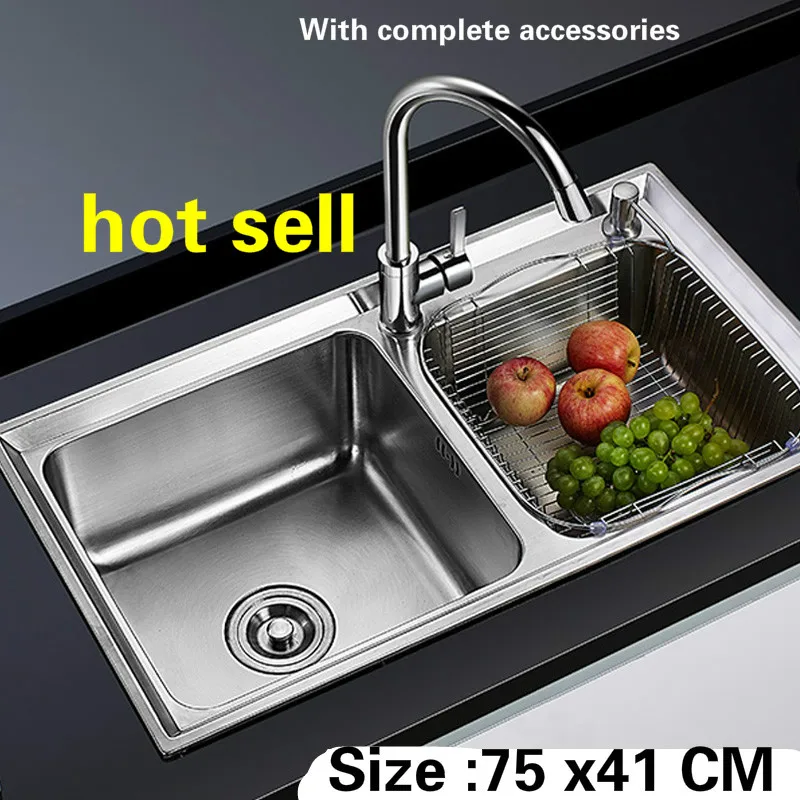 Free shipping Food grade 304 stainless steel hot sell kitchen sink 0.8 mm thick ordinary double trough wash the dishes 75 x41 CM