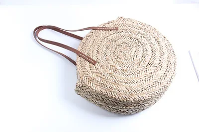 2018 Moroccan Palm Basket Bag Women Hand Woven Round Straw Bags Natural Oval Beach Bag Big Tote Circle Handbag  Fashion