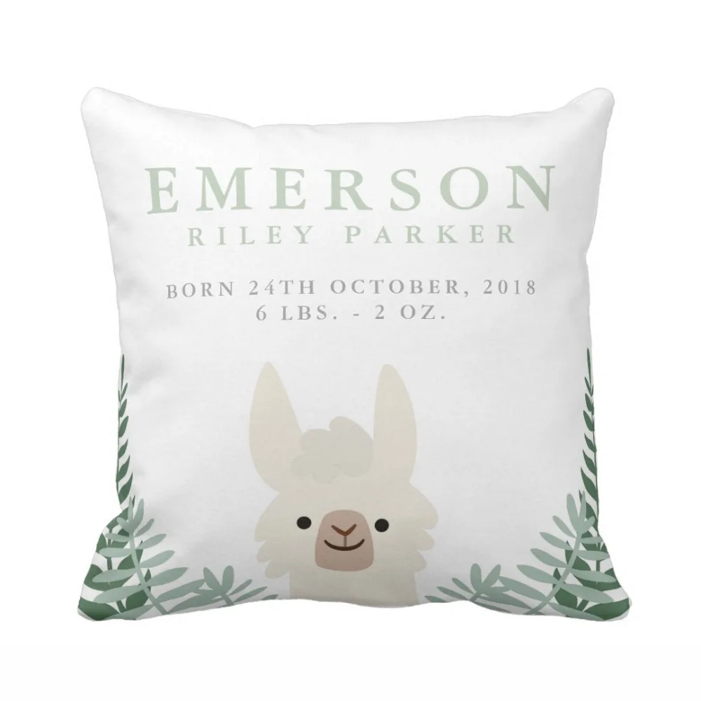 

Personalized Cute Llama Birth Announcement Stats Nursery Throw Pillow Cover Soft Polyester Home Decorative Cushion Cover Sofa