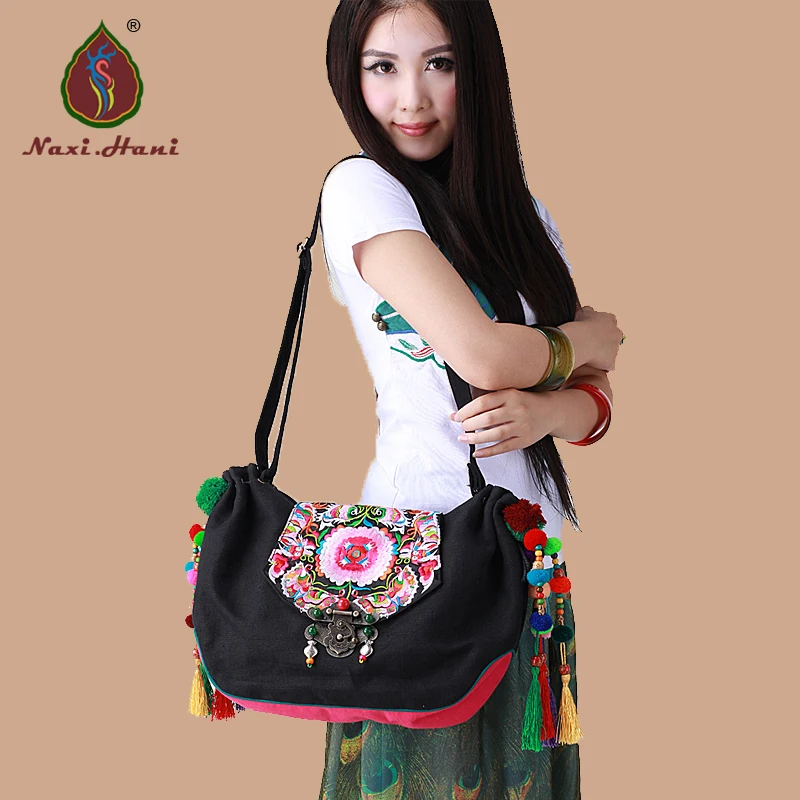 

Naxi.Hani women's bags Embroidery black canvas bag Antique lock shoulder Bags Vintage Crossbody bag for women