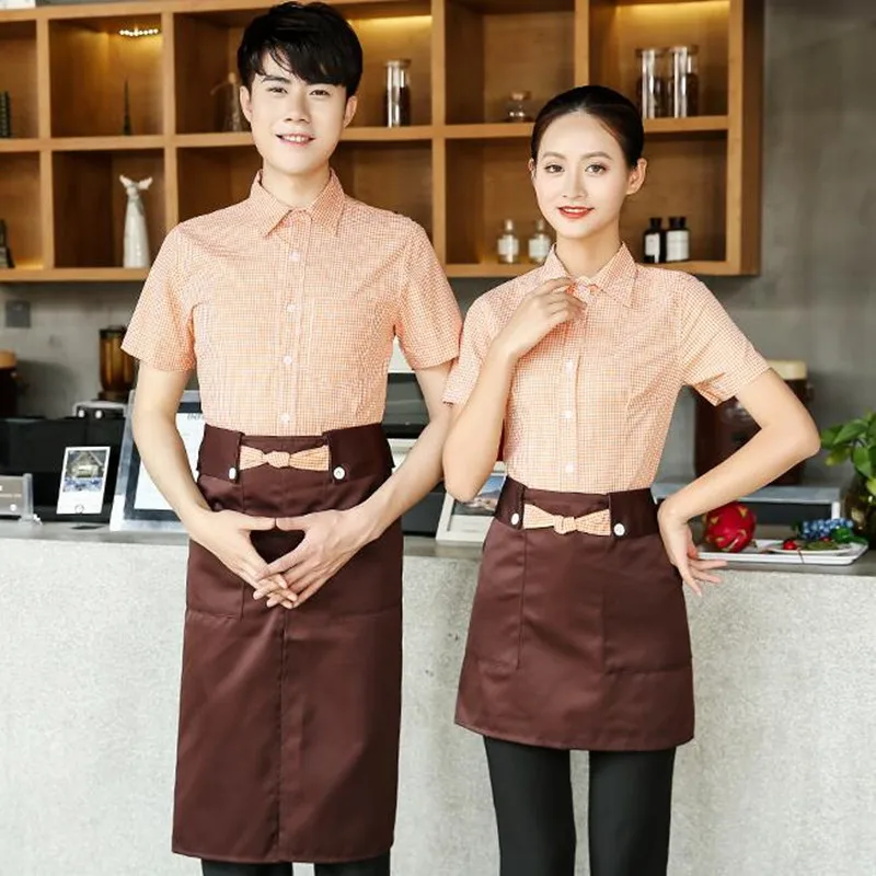 Fast Food Shop Restaurant Workwear Summer Female Waitress Catering Overalls Shirt Waiter Short Sleeve Hotel Uniform Coat H2235