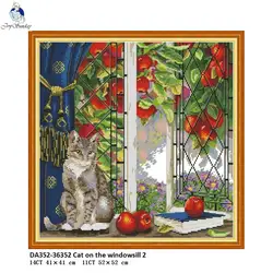 Cat on the Windowsill, Counted Printed on Fabric DMC Cross Stitch kits, Embroidery Needlework Sets Accessories Home Decoration