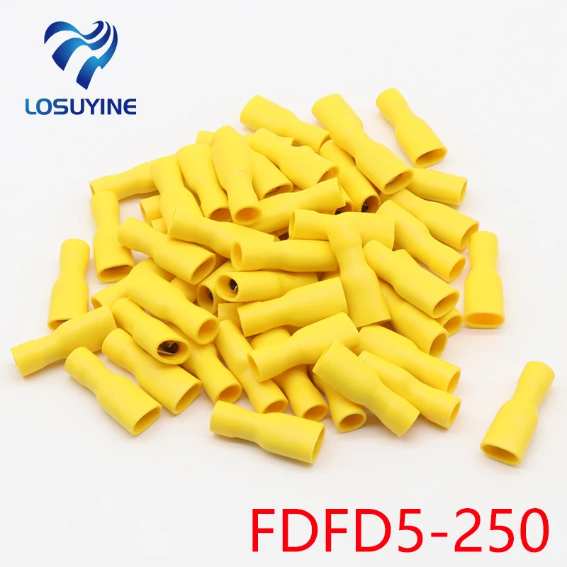 FDFD5-250 FDFD5.5-250 żeńskie izolowane elektryczne złącza zaciskane zaciskane złącze przewodu kablowego 100 sztuk/paczka AWG 12-10 FDFD