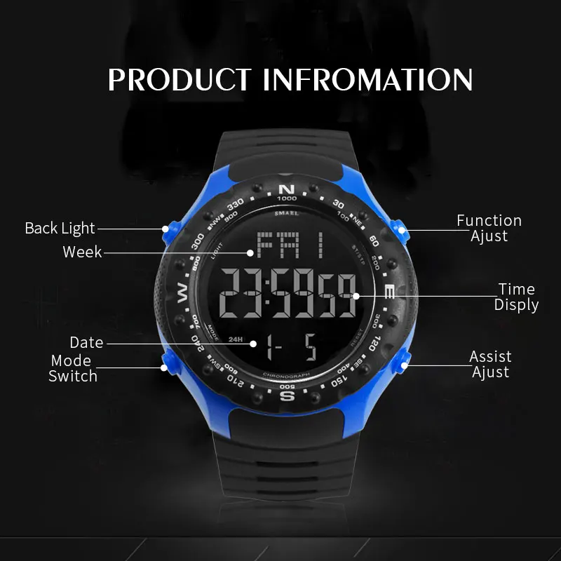 Sport Watch for Men 5Bar Waterproof SMAEL Watch Shock Resist Cool Big Men Watches Sport Military 1342 LED Digital Wrsitwatches