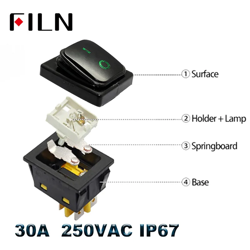 30A 250V Waterproof Rocker Switch Heavy Duty Dpst Rocker Switch on off with 12V 24V Led Lamp Red Green Blue White