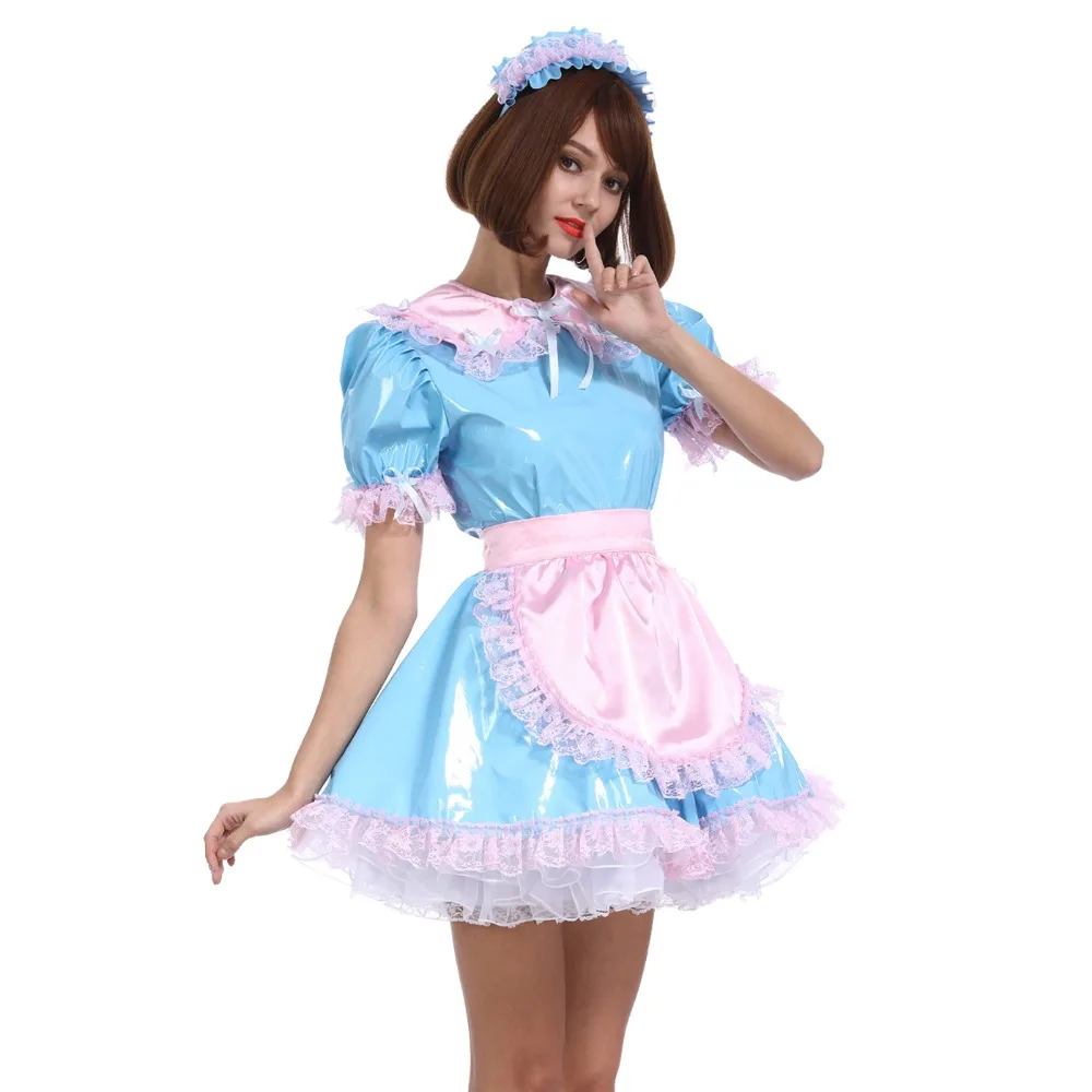 Sissy Girl Maid Baby Blue Color Matching PVC Dress Uniform Crossdress Cosplay Costume