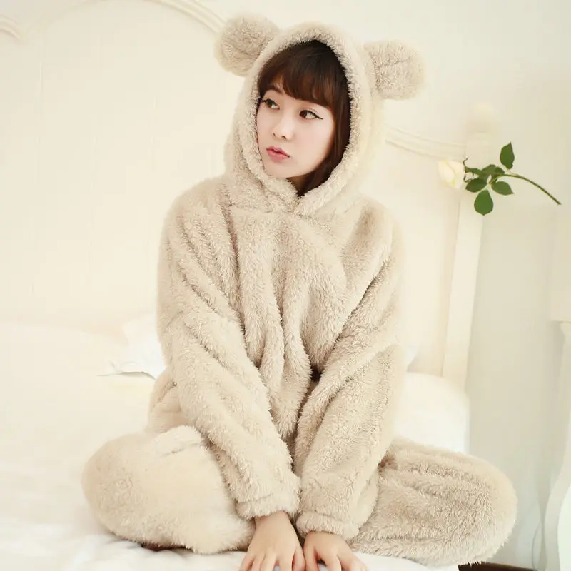 Two Piece Winter Women Pyjamas Thicken Flannel Pajama Sets  Lovely Bear Hoodie Cute Pijama Long Nightgown Sleepwear