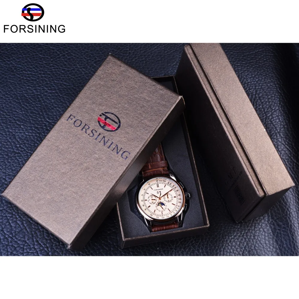 Forsining Moon Phase Shanghai Movement 로즈 골드 케이스, 브라운 가죽 스트랩, 남성 시계, 최고 브랜드 럭셔리, 자동 셀프 윈드 시계