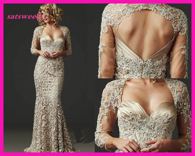 Robe sirène en dentelle perlée pour mère de la mariée, dos nu, manches trois quarts, fête, tout ce qui est avec des mariages, sexy, magnifique, chaud