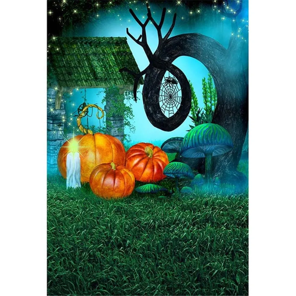 

Fairytale Wonderland Halloween Background Green Grass Floor Printed Pumpkins Mushrooms Old Tree Kids Party Photo Booth Backdrop