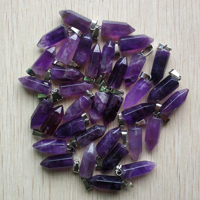 Fashion high quality natural amethysts stone hexagonal pillar charms pendants for jewelry making 36pcs/lot wholesale free