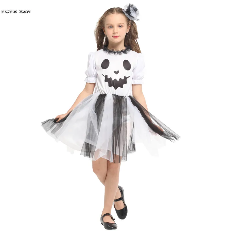 Girls White Ghost Cosplay Kid Children Halloween Hell Devil Fiend Scary Costume Carnival Purim Stage Play Masquerade Party Dress