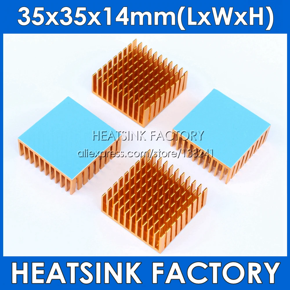 35x35x14mm Gold / Black Anodized Slotted Aluminum Heat Sink Cooler Heatsink With Thermally Heat Transfer Tape Pad