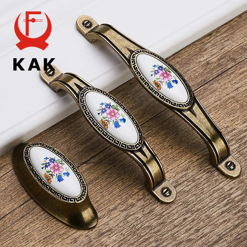 Kak 5 Stks/partij Antiek Brons Keramische Kabinet Handles Zinklegering Lade Knoppen Garderobe Deurgrepen Morning Glory Meubels Handvat