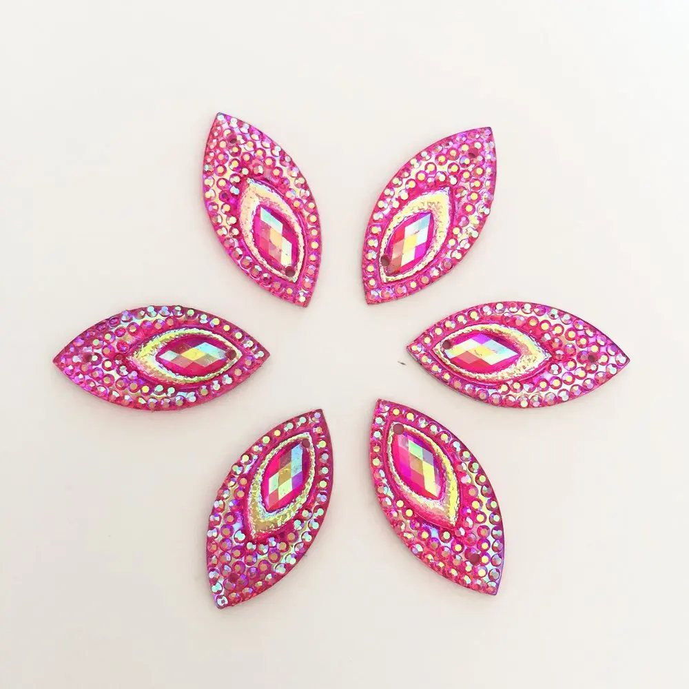 40PCS AB Resin 11*22mm Horse eye Flatback Peacock Rhinestone Ornaments DIY Wedding appliques 2 hole buttons SD34*2