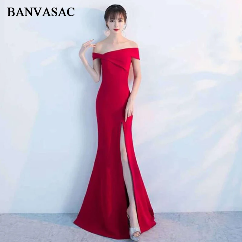 BANVASAC เรือคอแยก Mermaid ชุดราตรียาวปาร์ตี้ไม่สมมาตรแขนสั้น Backless Prom Gowns