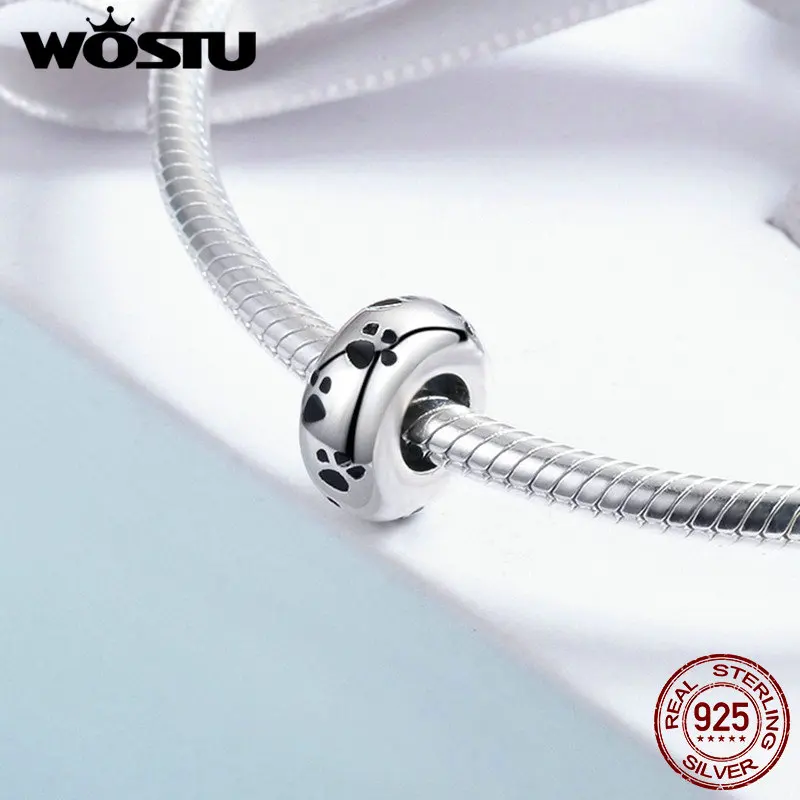 WOSTU Real 925 Sterling Silver Pet Dog Footprint Spacer Stopper Beads fit Wostu Original Charm Bracelet Jewelry Gift CQC594