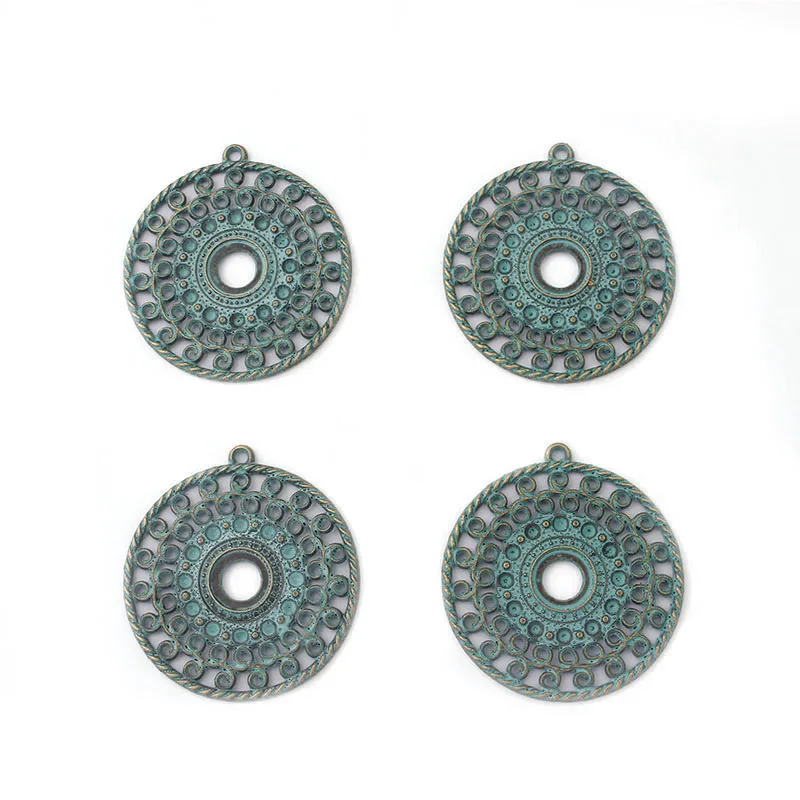 5pcs Verdigris Patina  Carve Hollow Round Charms Pendants 10mm bezel blank For Handmade Necklace Jewelry Findings Making