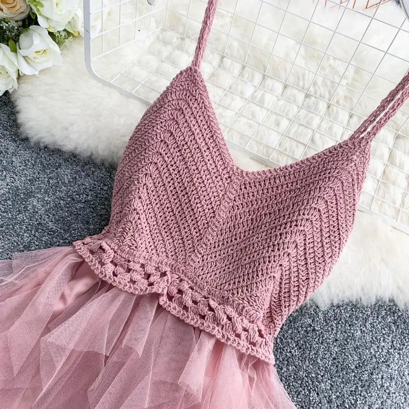 Boho Knit Patchwork Mesh Sexy V Neck Spaghetti Strap Summer Midi Long Dress Party Women Casual Beach Holiday Irregular Vestidos