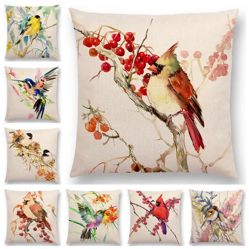 Watercolor Birds Series Cushion Cover Goldfinch Chickadee Cardinal Kingfisher Prints Pillow Case