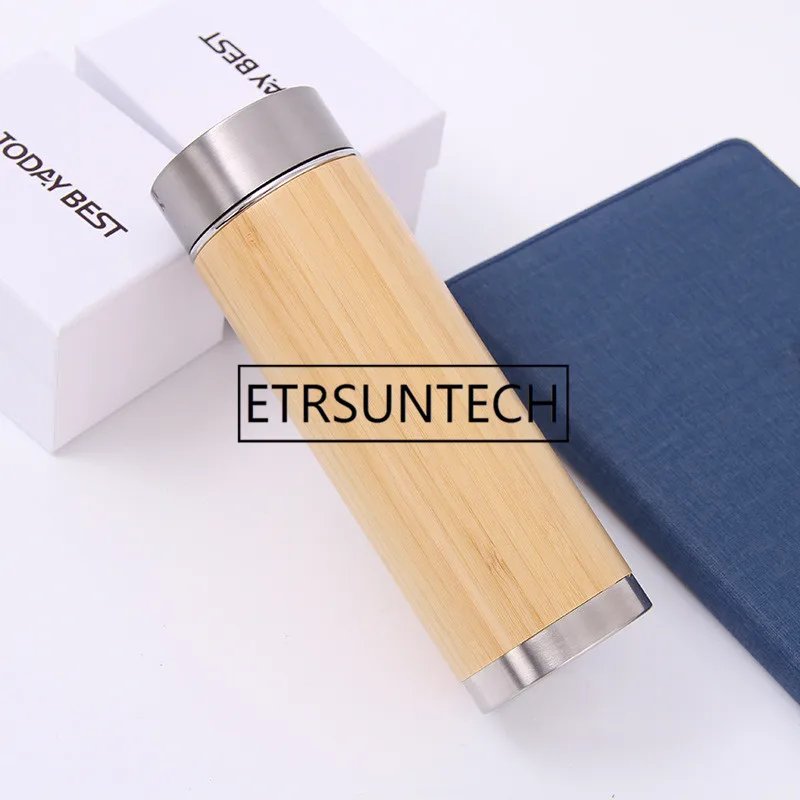 High quality Bamboo Stainless Steel Water Bottle Vacuum Insulated Travel Vacuum Cup With Tea Infuser Strainer Wooden Bottle