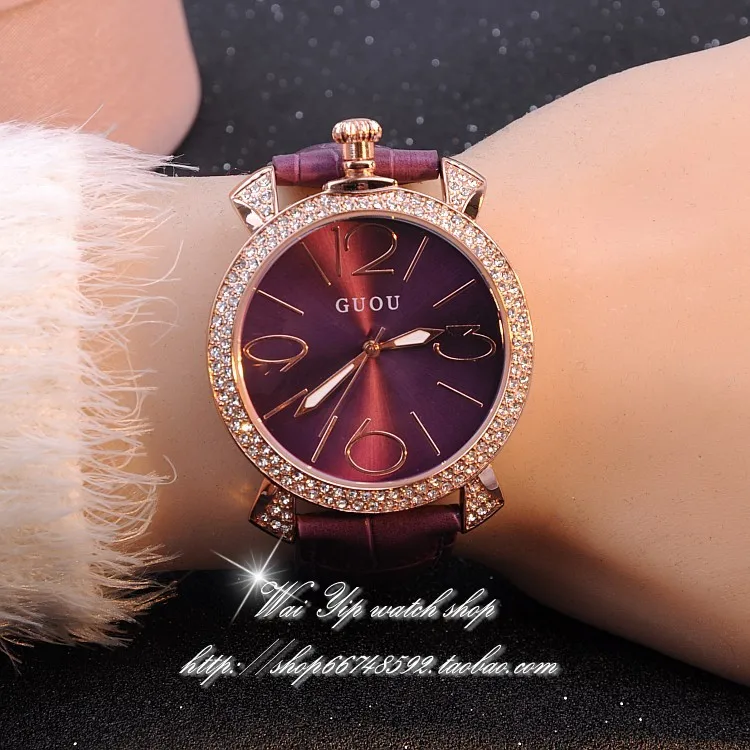 GUOU purple rose gold women luxury brand full rhinestone watch ladies genuine leather band quartz watch women famous wristwatch