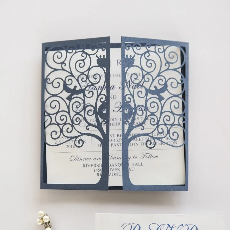 

Elegant Navy Blue Fancy Laser Cut Wedding Invitations. 20+Colors available