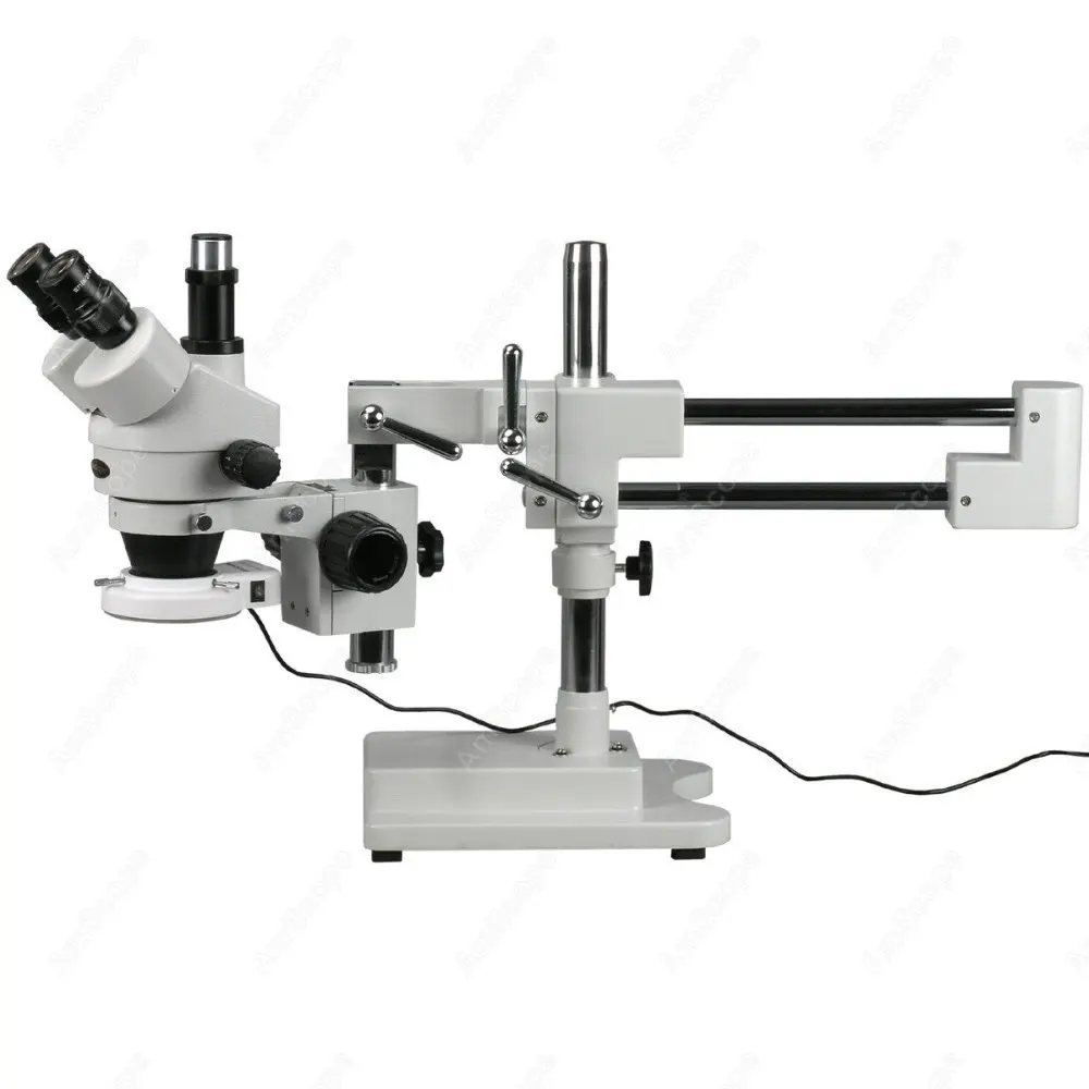 AmScope SM-4 Series Zoom Trinocular Stereo Microscope 3.5X-90X + 56 LED Compact Ring Light on Double Arm Boom Stand