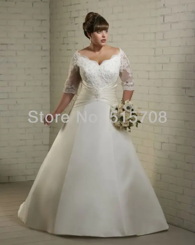 A elegante linha de meia manga andar de comprimento Lace mais de cetim branco marfim Plus Size vestido de noiva vestidos de casamento frete grátis