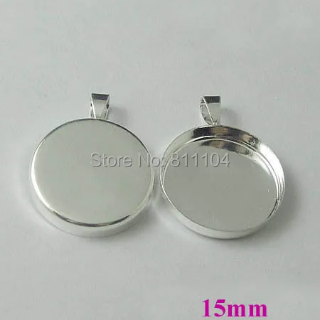 

15mm New Silver tone Plated Copper Blank Bases Round Deep Wall Bezel cups w/ a bail Cabochon Settings Pendant Blank Wholesale