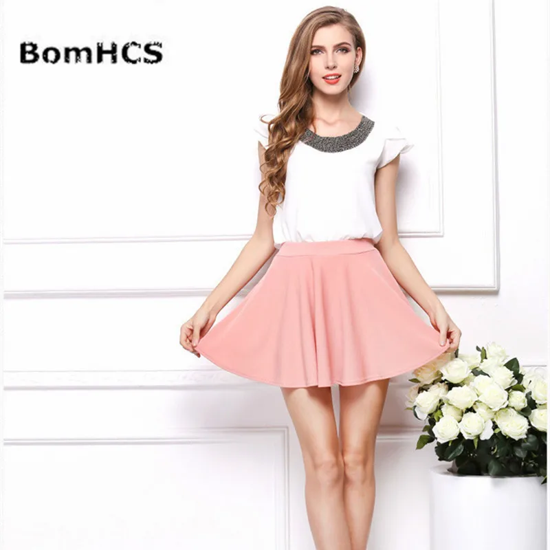 BomHCS Women streth high waist skirt plain skater flared pleated sexy