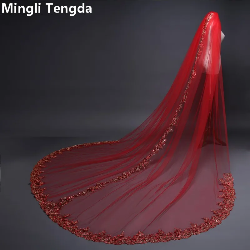 Red Sequins Lace Cathedral Veil 3 M Long Wedding Veil with Metal Comb Mingli Tengda One-Layer Widen Luxury Bridal Blusher Veil