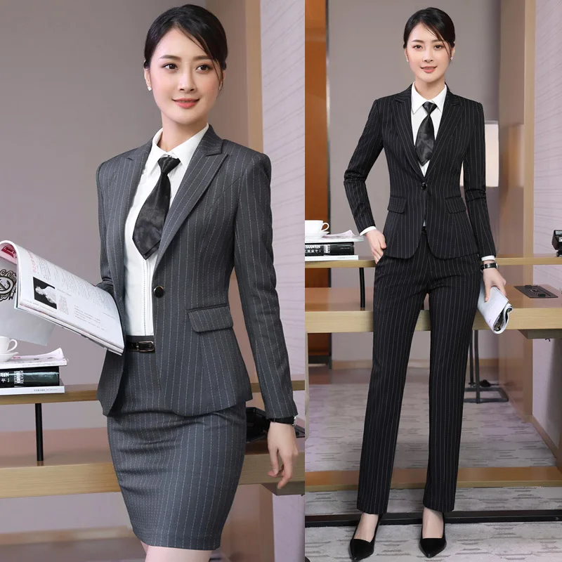 Baru Wanita Stripe Panjang Lengan OL Ramping Profesional Wanita Setelan Profesional Kantor Setelan Wawancara Suit