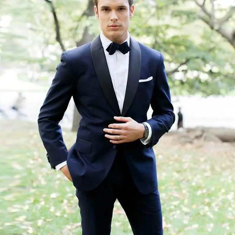 

New Fashion Navy Blue Groom Tuxedos Groomsmen Shawl Lapel Mens Suits Blazers (Jacket+Pants+Tie) W:832