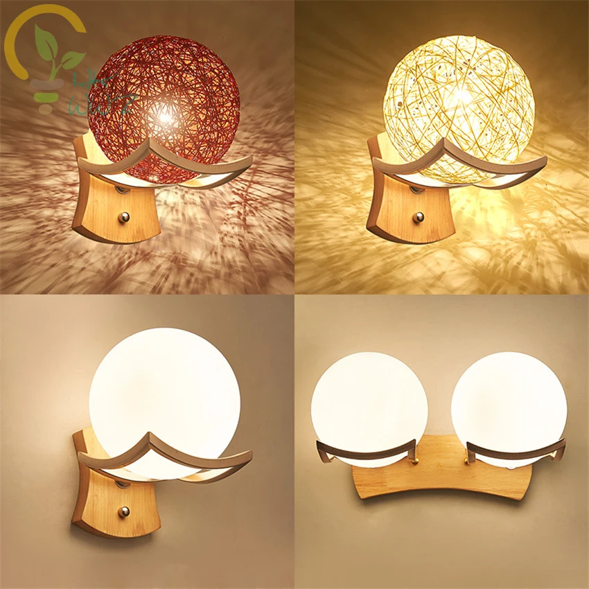 

Modern Simple Glass/Rattan Lampshade LED Wall Lamps Bedside Living Room Aisle Creative LED Solid Wood Wall Lights