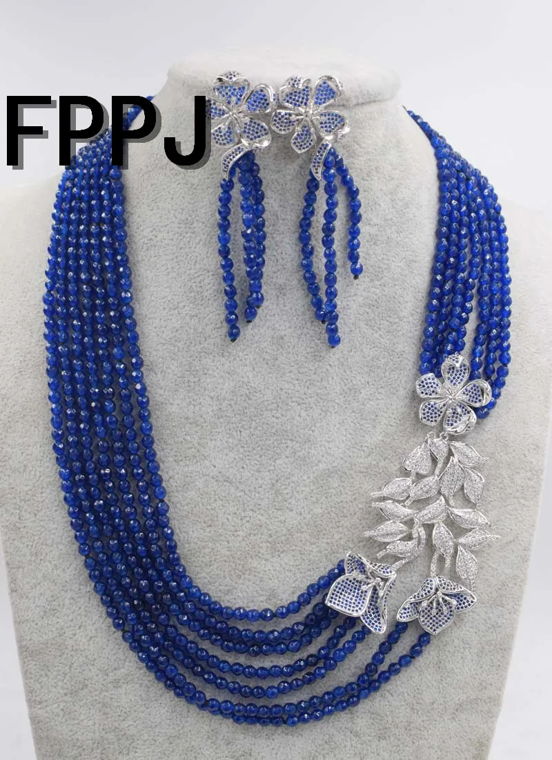 

7rows blue jasper round faceted 4mm necklace earrings wholesale beads discount gift hot 18-23inch blue flower pendant