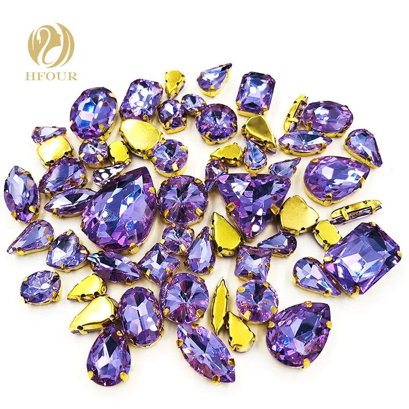 

New Product Gold base mixed shape Crystal Violet glass flatback sew on rhinestones with claw DIY Wedding dress Accessories