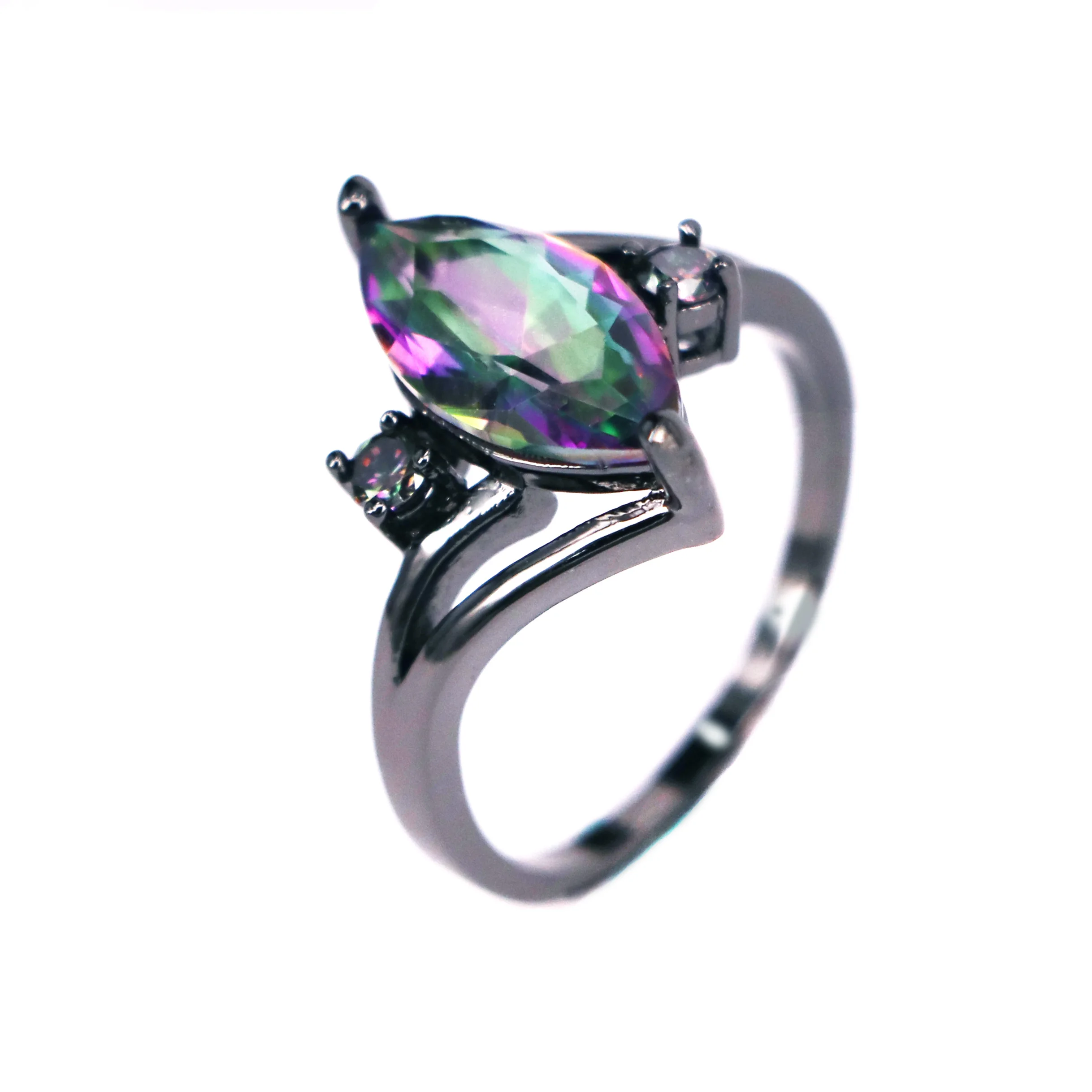 

JieLing Silver Marquise Ring for Women with Rainbow Crystal And Diamond Accents Elegant Cocktail Jewelry Gift