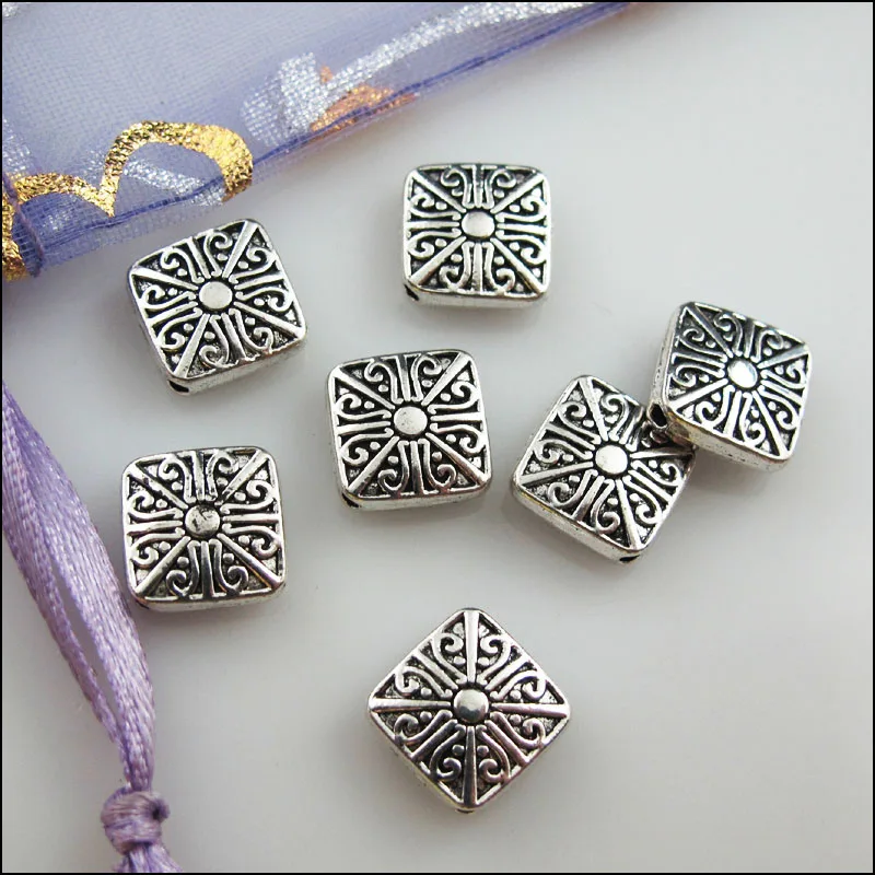 18Pcs Tibetan Silver Color Flower Square Spacer Beads Charms 10mm