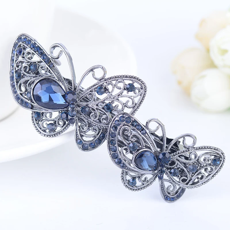 EASYA Vintage Fashion Double Butterfly Hairpin Hair Clips Ornaments New Arrival Big Rhinestone Crystal Animal Barrettes Hairwear