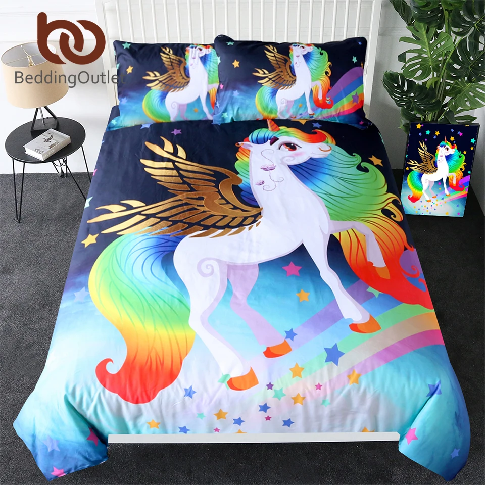 

BeddingOutlet Unicorn Bedding for Teens Golden Winged Unicorn Bedspreads Rainbow Stars Fantasy Duvet Cover Kids Magical Bed Set