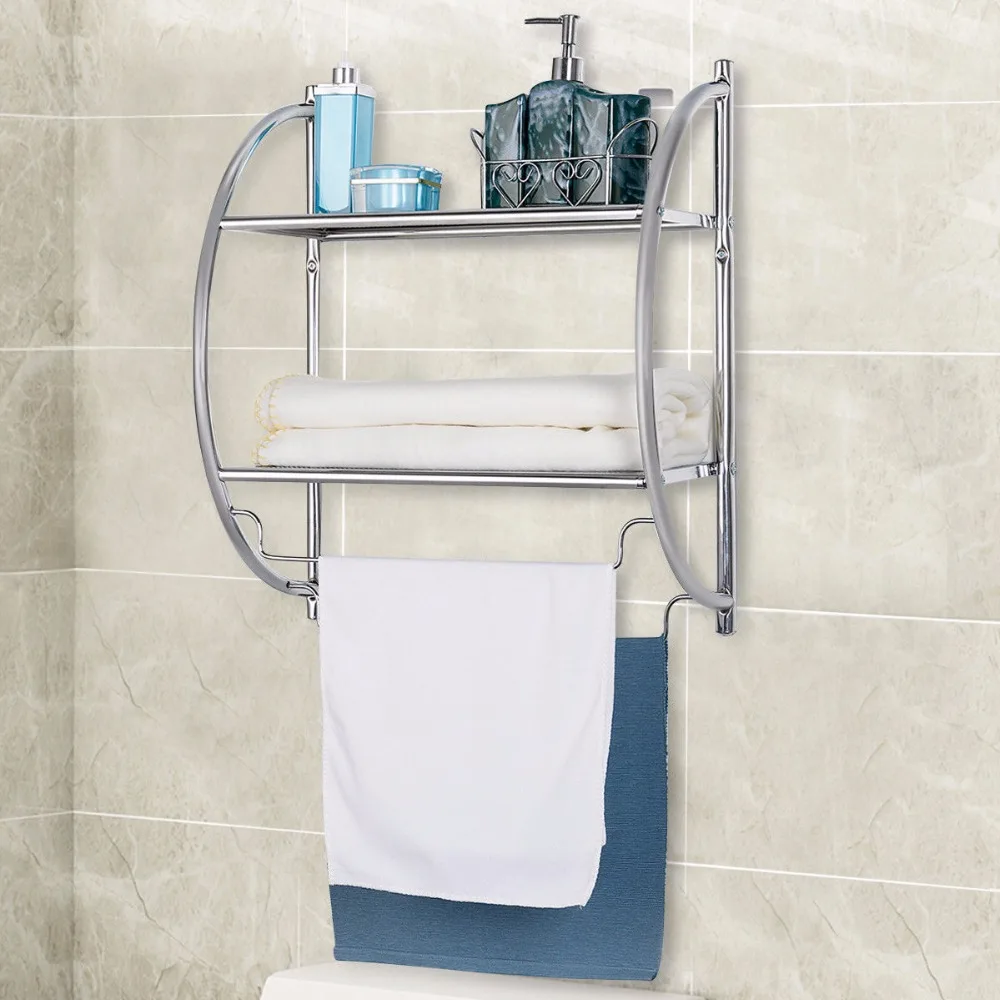 Goplus 2-Tier Wall Mount Shower Organizer Holder Storage Rack Towel Bar Toilet Bathroom