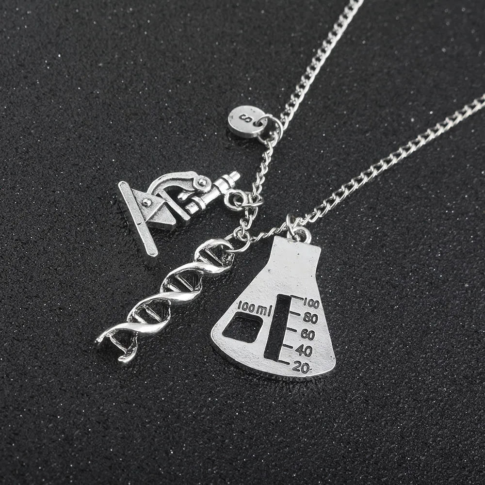 RJ New Creative Conical Flask Chemical Molecular DNA Microscope Pendant Necklace Chemical Biological Experimental Tool Necklaces