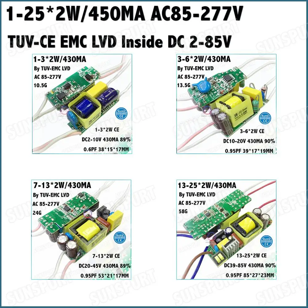 

5-20Pieces TUV-CE EMC LVD PF Inside1-36W AC85-277V LED Driver 1-25Cx2W 450mA DC2-85V Constant Current For LED Lamp Free Shipping