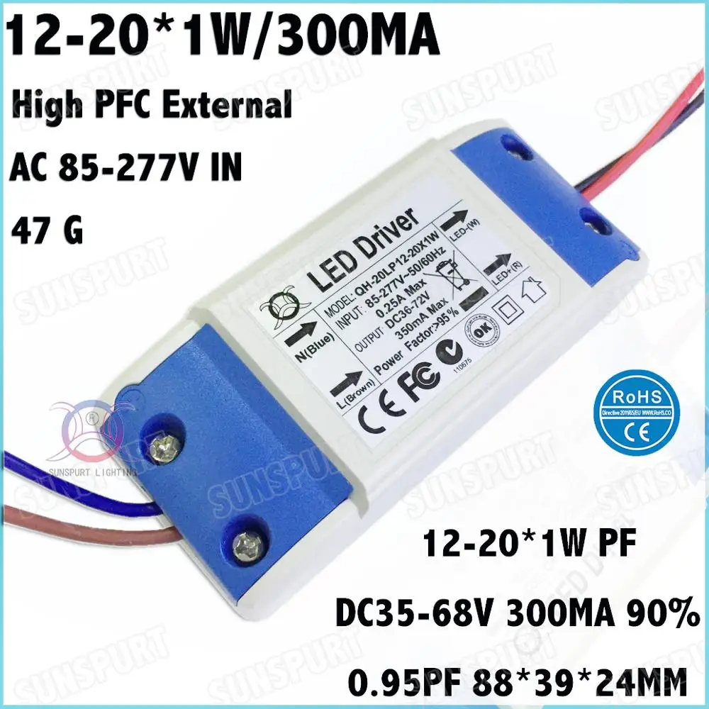 5-20 Pieces External High PF 0.9 20W AC85-277V LED Driver 12-20Cx1W 300mA DC35-68V Constant Current For Spotlights Free Shipping